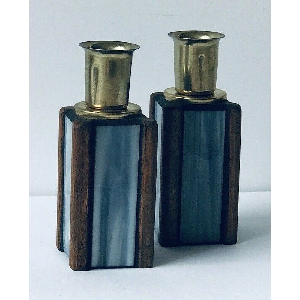 unique wood and BLUE stained glass taper candle holders......SET‎ OF 2